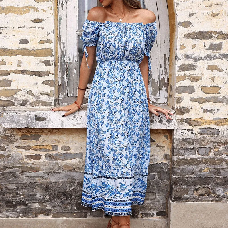 Bari Off Shoulder Flower Print Dresses