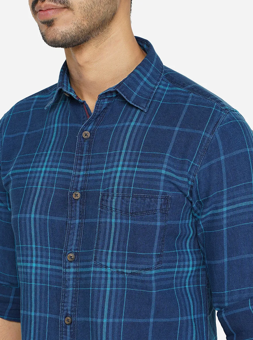 Blue Checked Slim Fit Semi Casual Shirt | JadeBlue