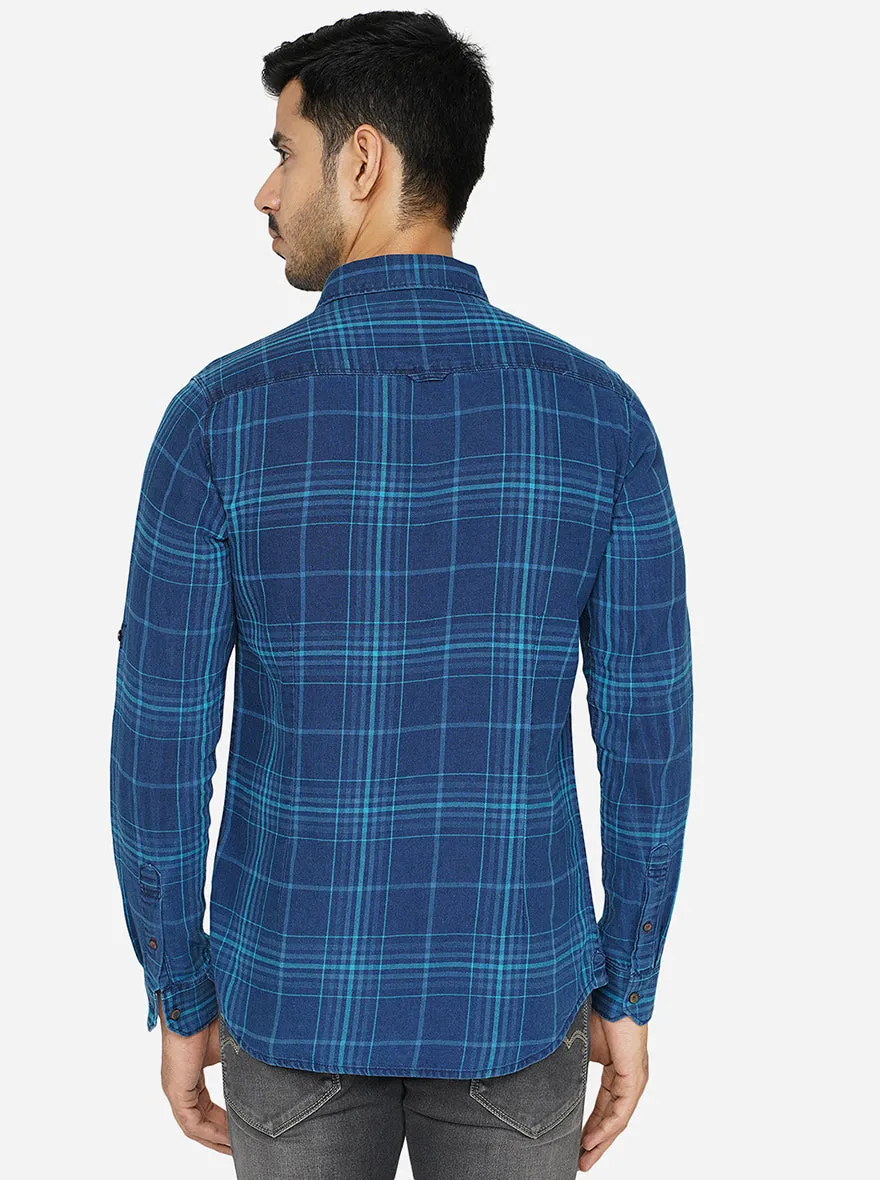 Blue Checked Slim Fit Semi Casual Shirt | JadeBlue