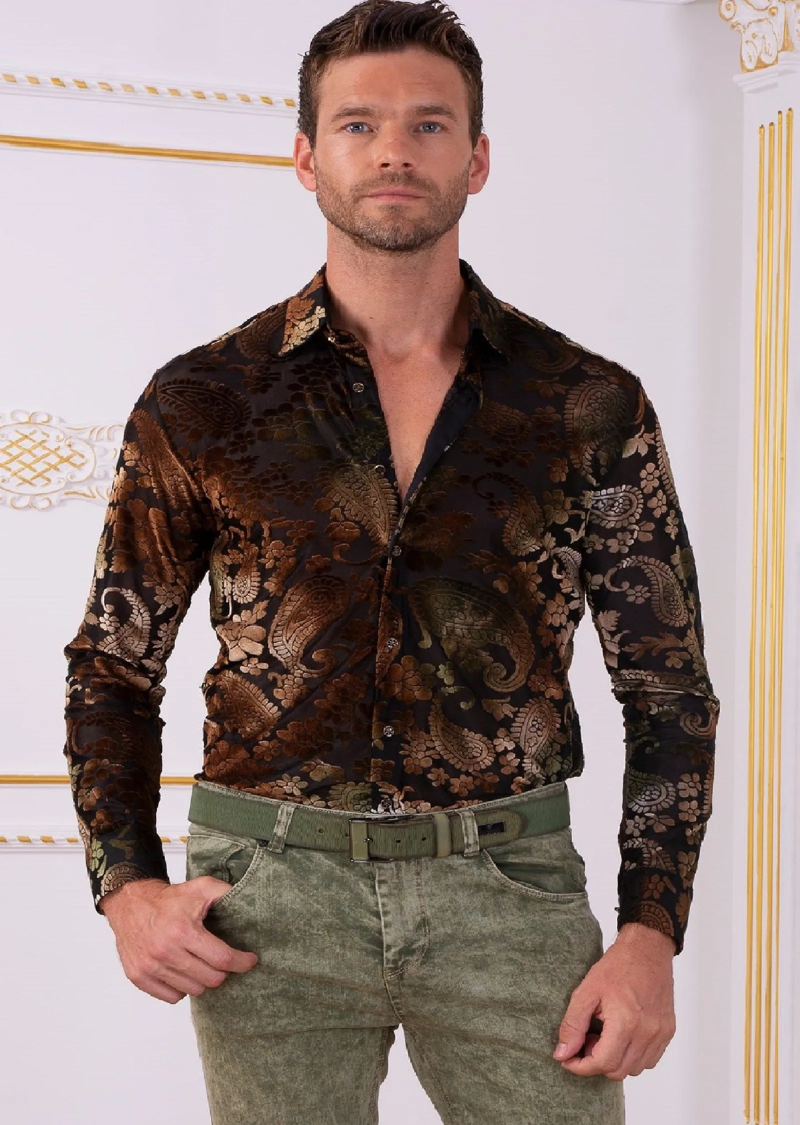 Brown Paisley Burnout Velvet Shirt