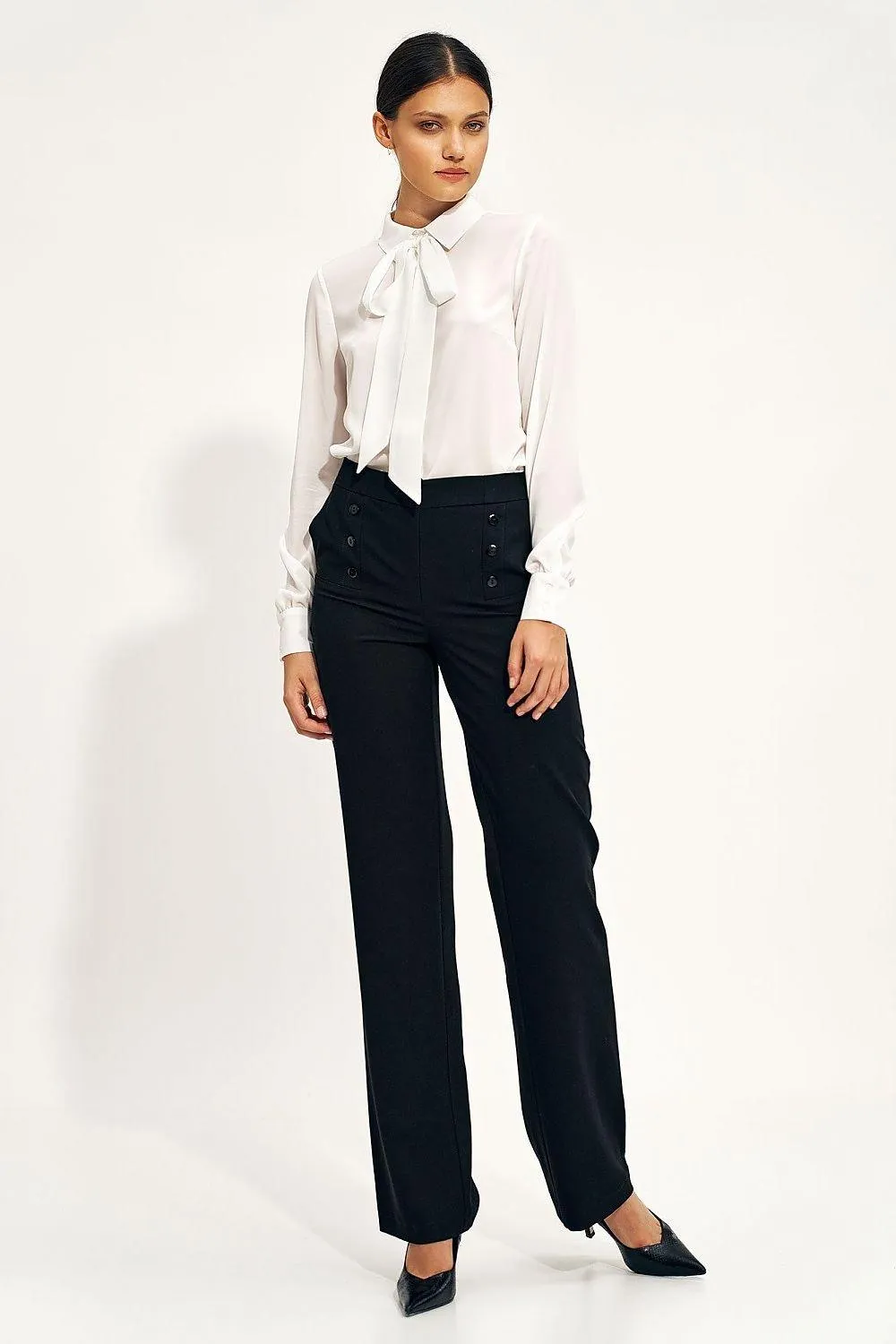 Chic High-Waisted Wide Leg Trousers with Stylish Button Accents