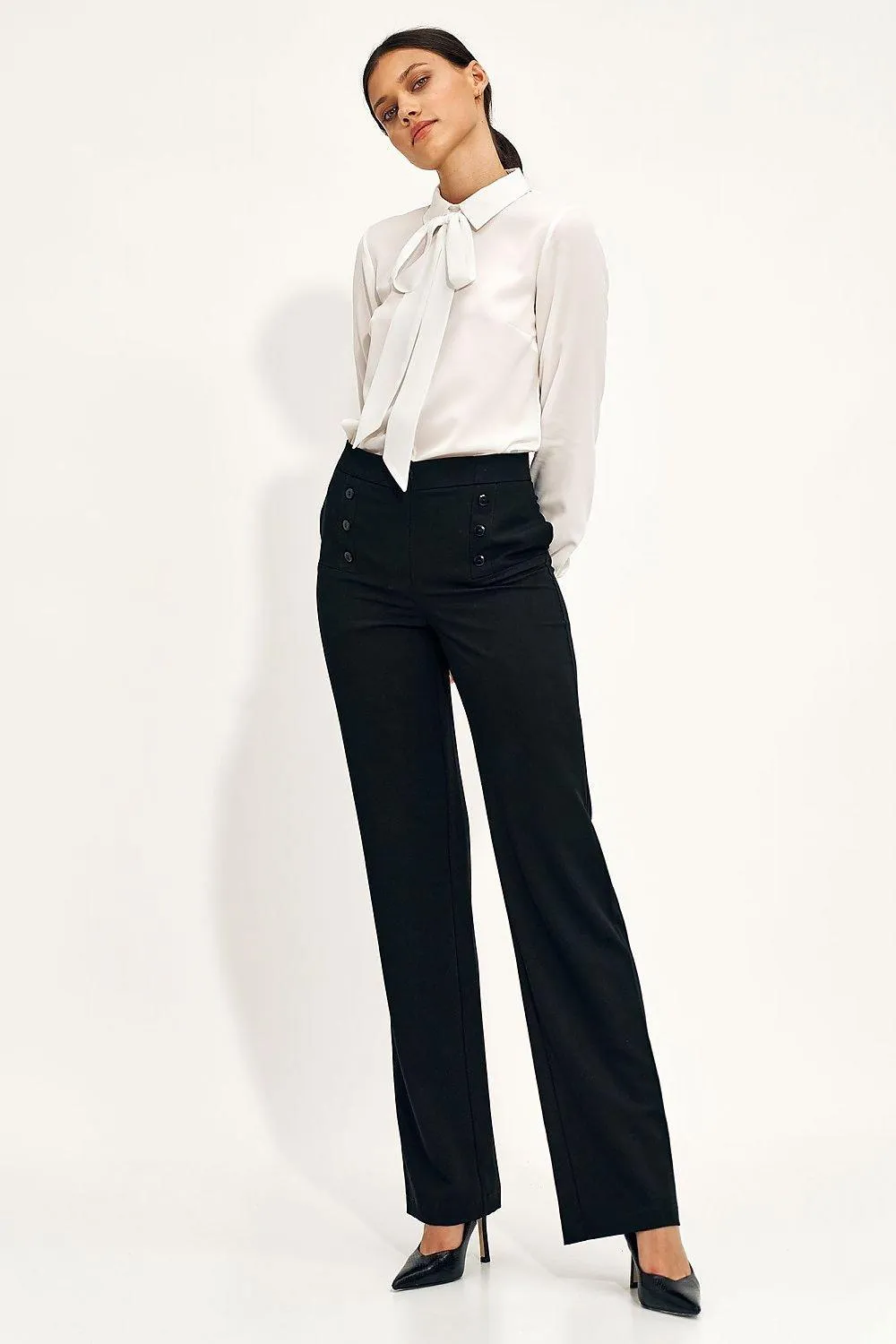 Chic High-Waisted Wide Leg Trousers with Stylish Button Accents