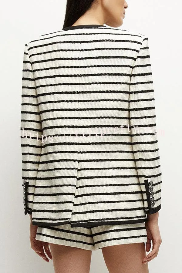 Coco Lady Striped Round Neck Long Sleeve Pocketed Loose Jacket