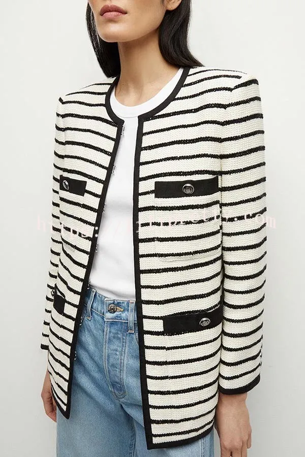 Coco Lady Striped Round Neck Long Sleeve Pocketed Loose Jacket