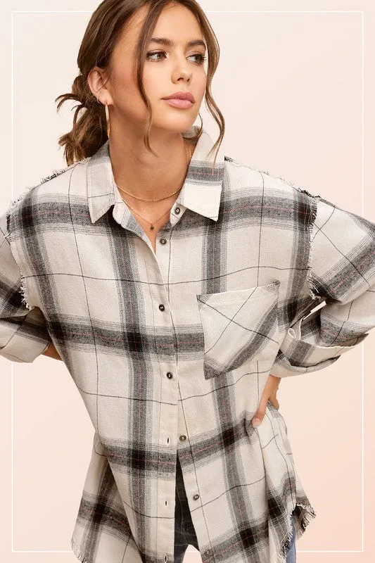 DEBORAHS FAVORITE RAW EDGE BUTTON DOWN PLAID SHIRT