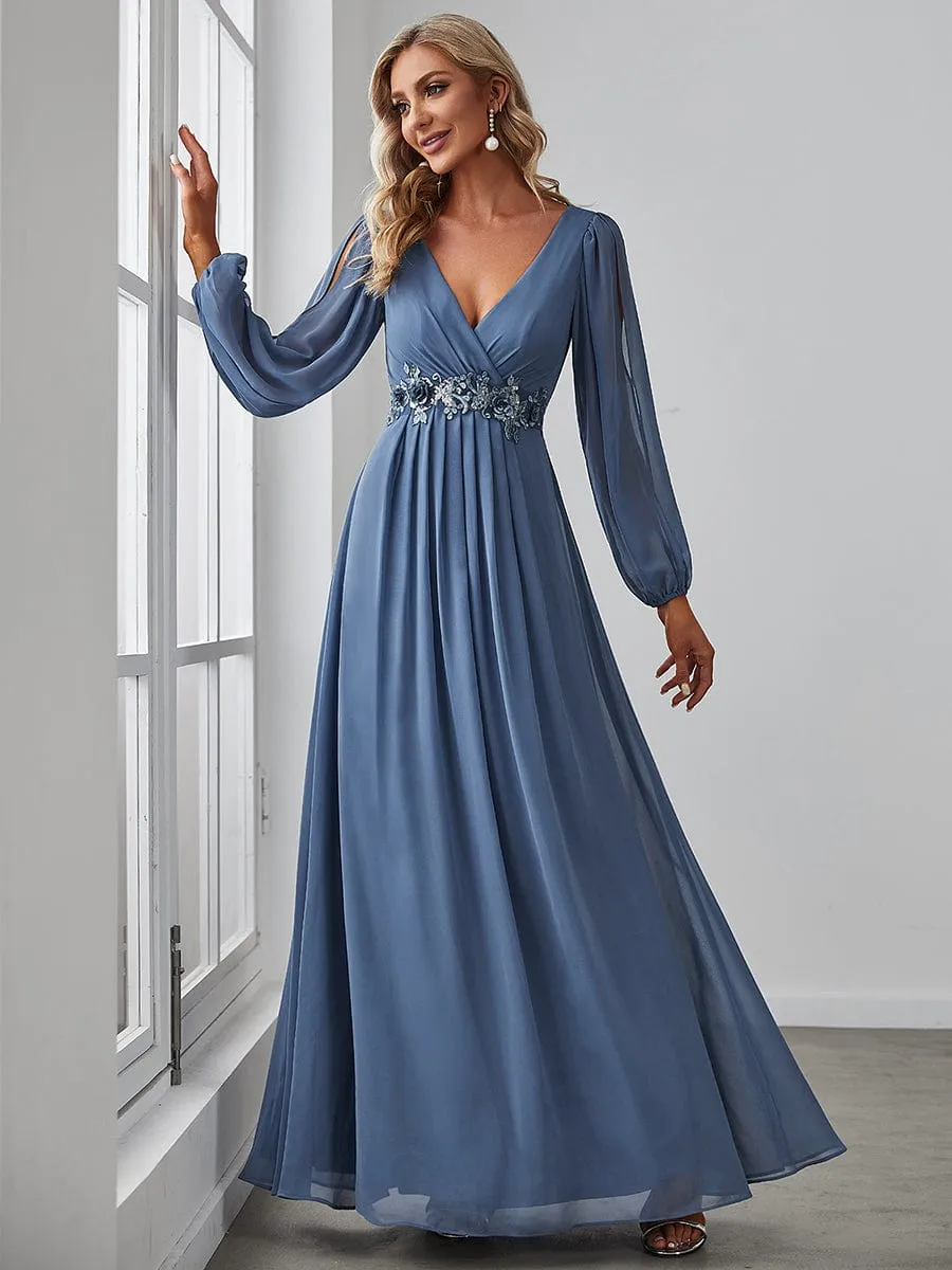 Deep V Neck Long Wedding Guest Dress with Long Sleeves