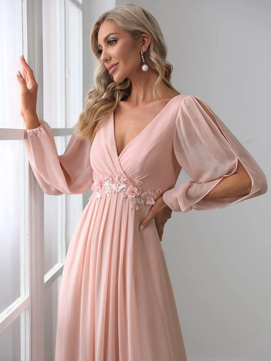 Deep V Neck Long Wedding Guest Dress with Long Sleeves