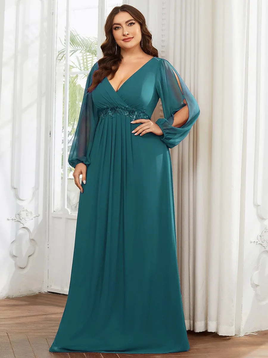 Deep V Neck Long Wedding Guest Dress with Long Sleeves