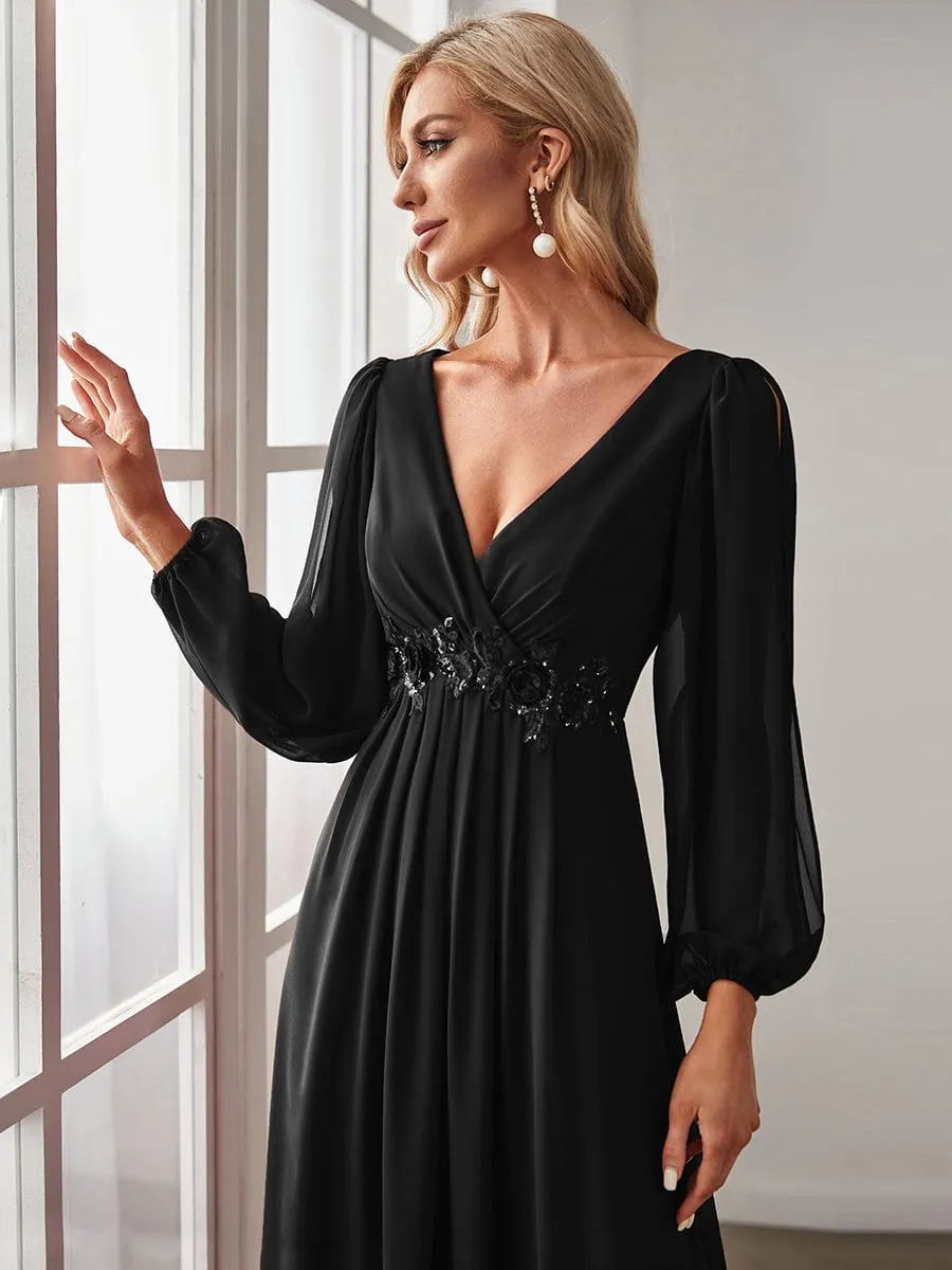 Deep V Neck Long Wedding Guest Dress with Long Sleeves