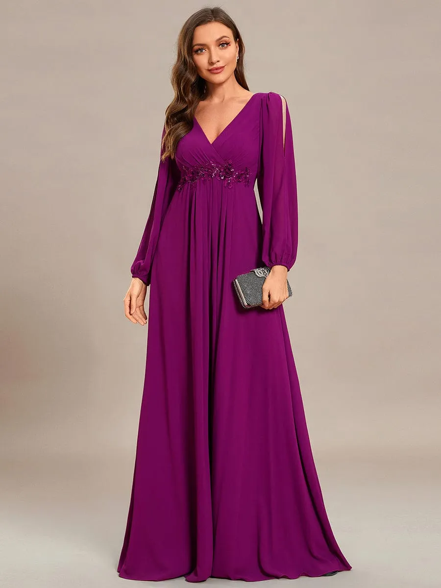 Deep V Neck Long Wedding Guest Dress with Long Sleeves