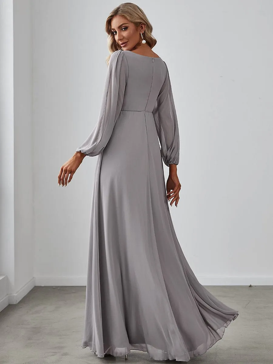 Deep V Neck Long Wedding Guest Dress with Long Sleeves