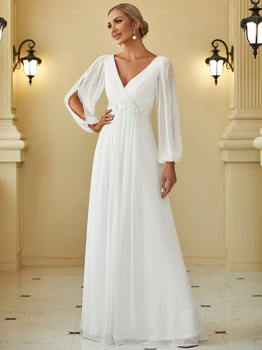 Deep V Neck Long Wedding Guest Dress with Long Sleeves