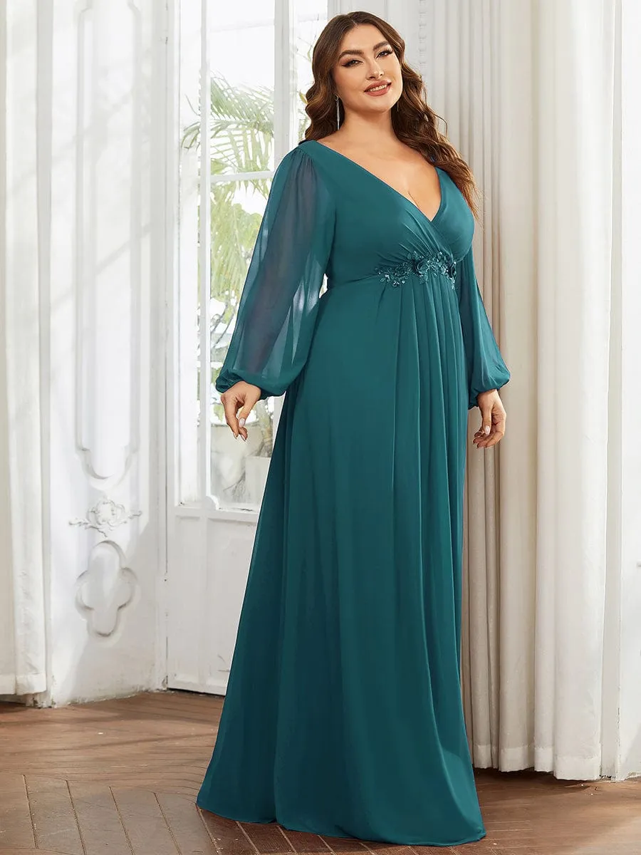 Deep V Neck Long Wedding Guest Dress with Long Sleeves