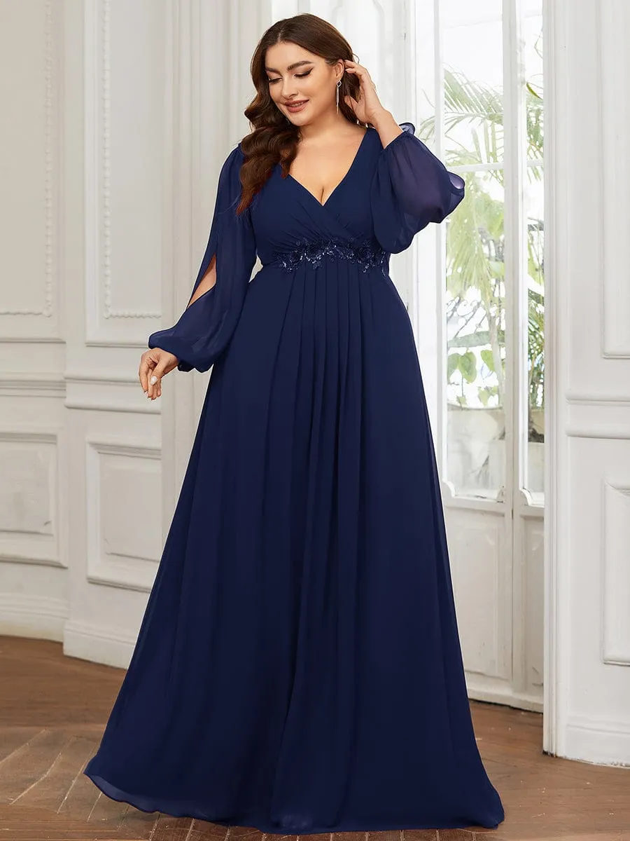 Deep V Neck Long Wedding Guest Dress with Long Sleeves