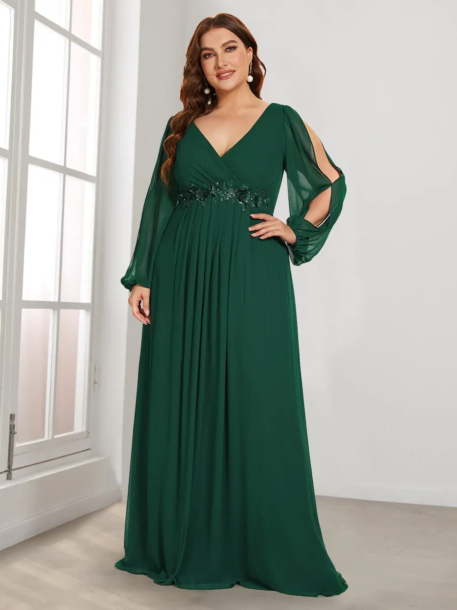 Deep V Neck Long Wedding Guest Dress with Long Sleeves