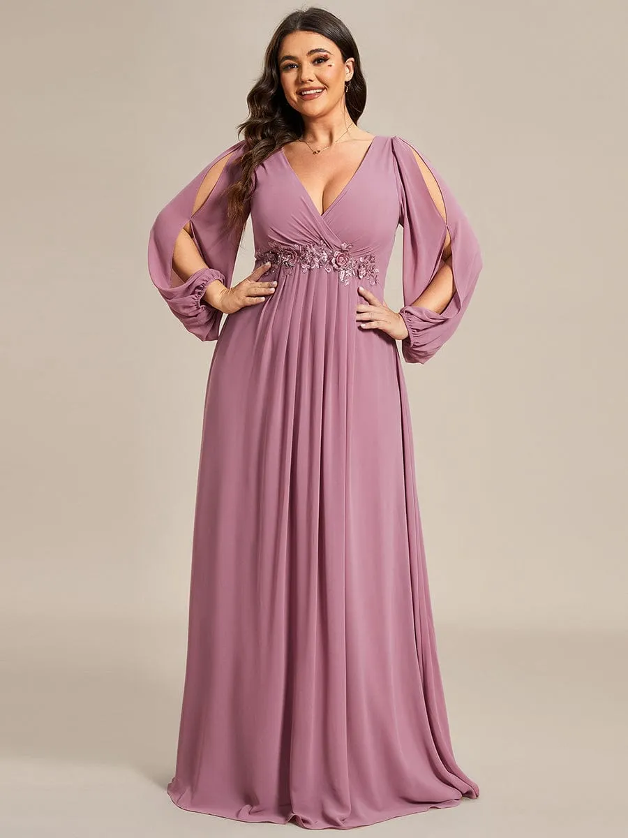 Deep V Neck Long Wedding Guest Dress with Long Sleeves