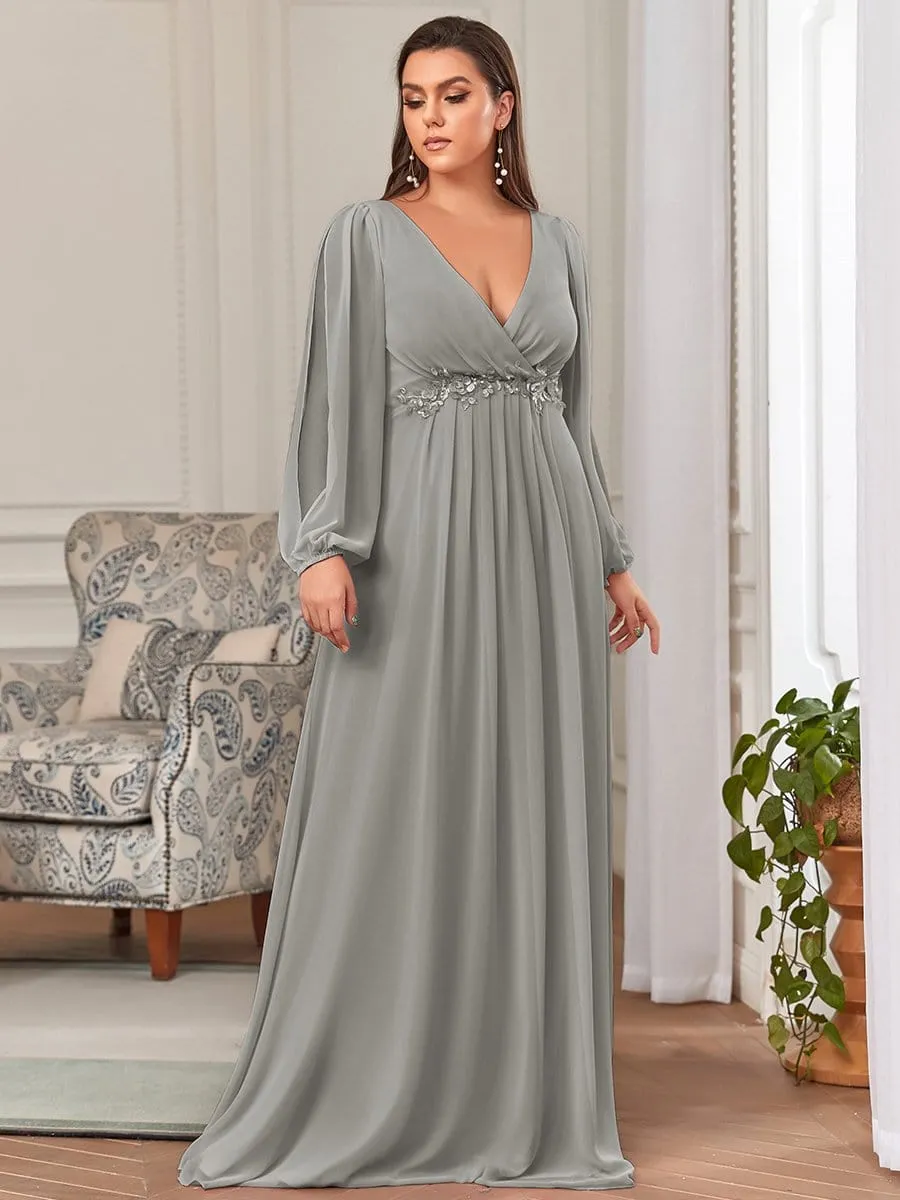 Deep V Neck Long Wedding Guest Dress with Long Sleeves