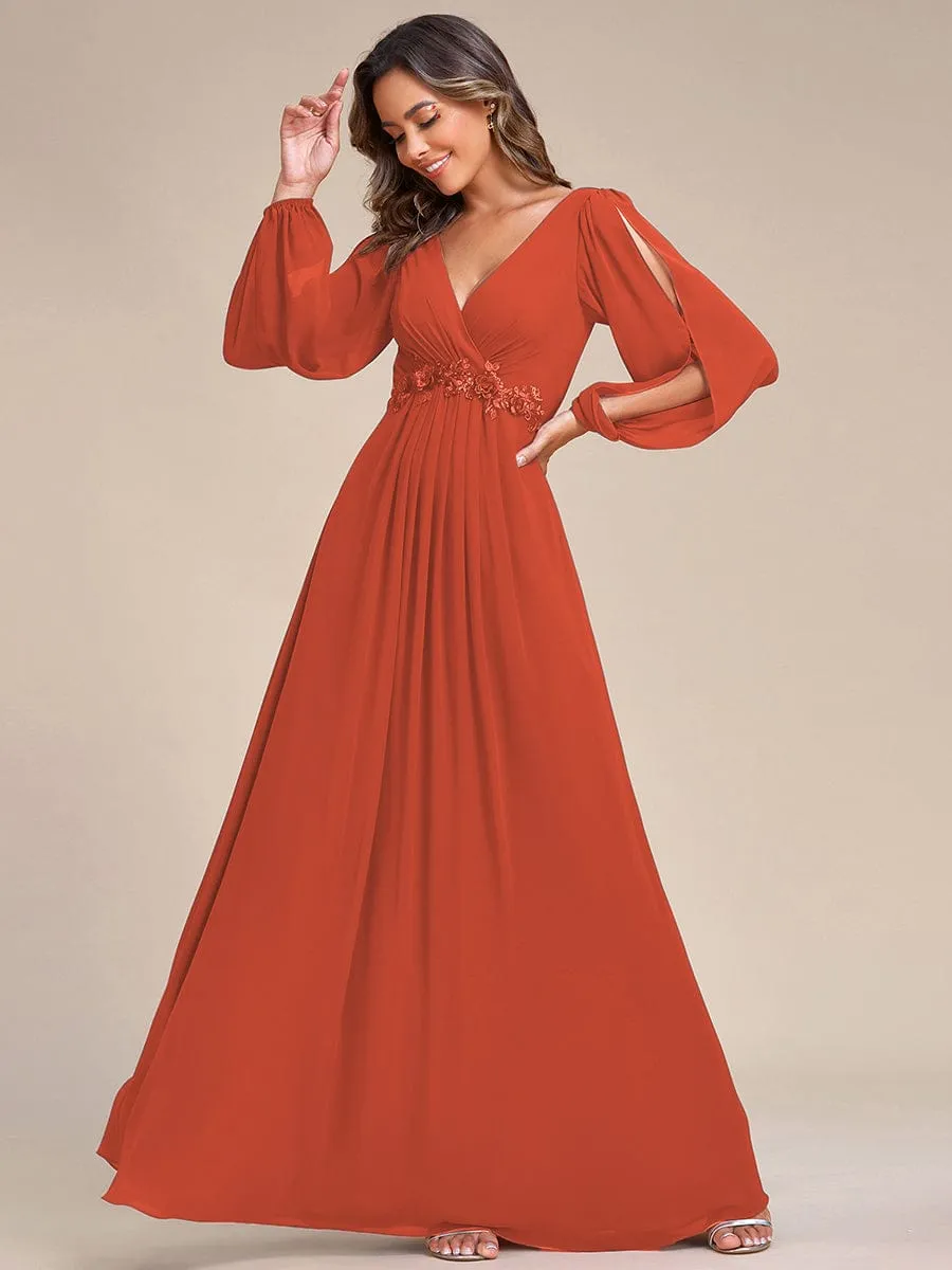 Deep V Neck Long Wedding Guest Dress with Long Sleeves