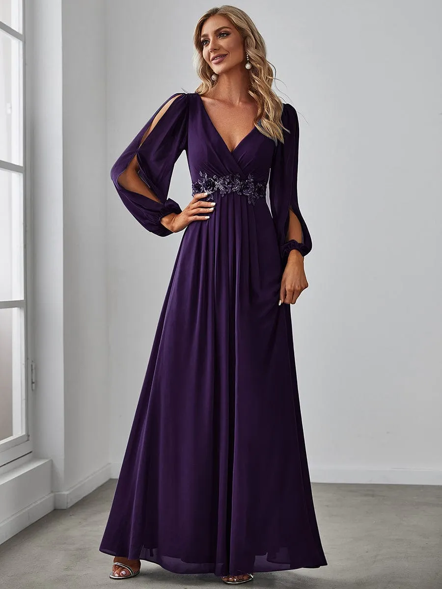 Deep V Neck Long Wedding Guest Dress with Long Sleeves