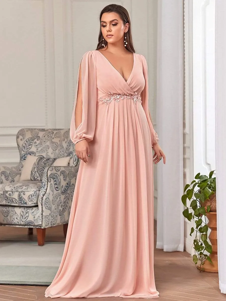 Deep V Neck Long Wedding Guest Dress with Long Sleeves