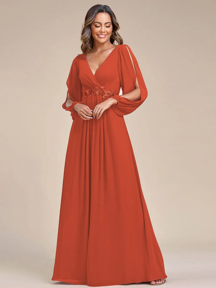 Deep V Neck Long Wedding Guest Dress with Long Sleeves