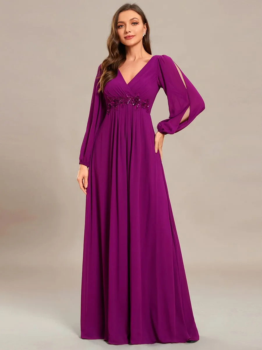 Deep V Neck Long Wedding Guest Dress with Long Sleeves