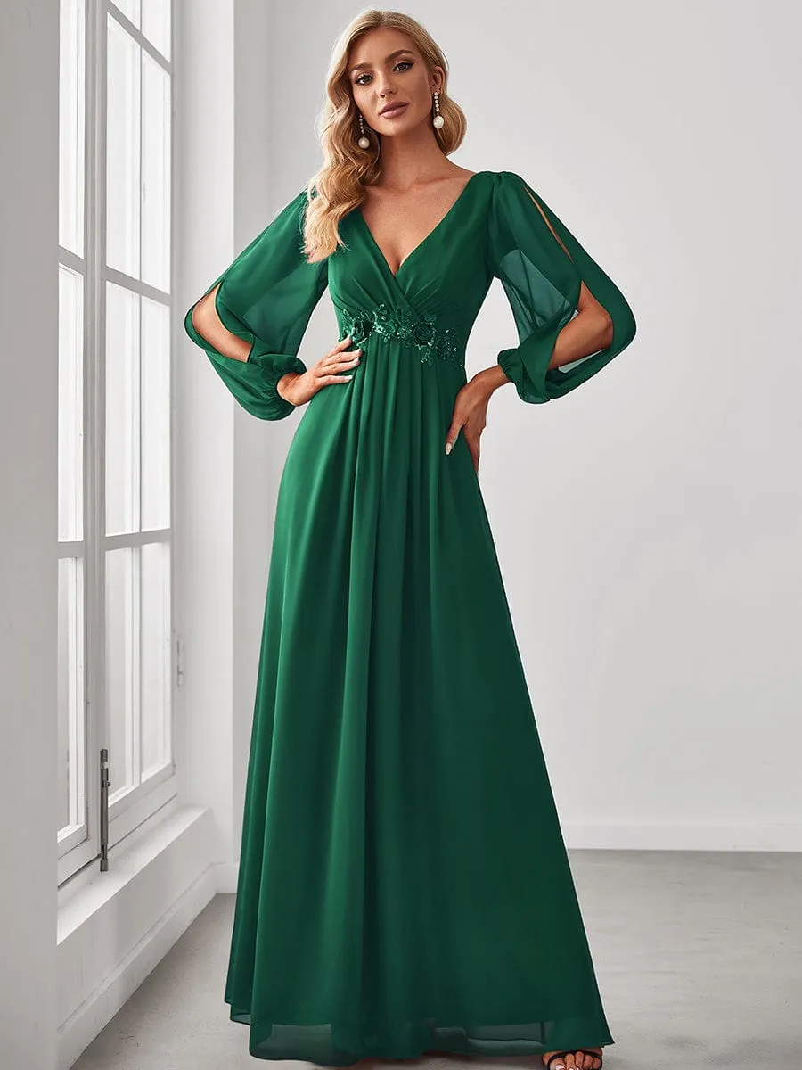 Deep V Neck Long Wedding Guest Dress with Long Sleeves