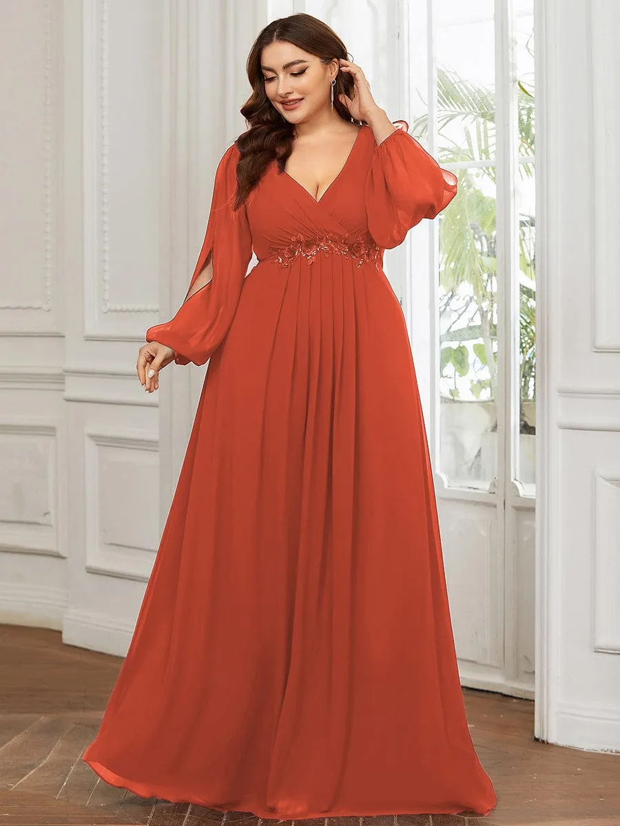 Deep V Neck Long Wedding Guest Dress with Long Sleeves