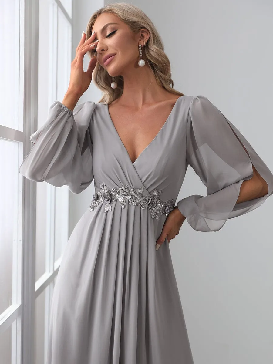 Deep V Neck Long Wedding Guest Dress with Long Sleeves