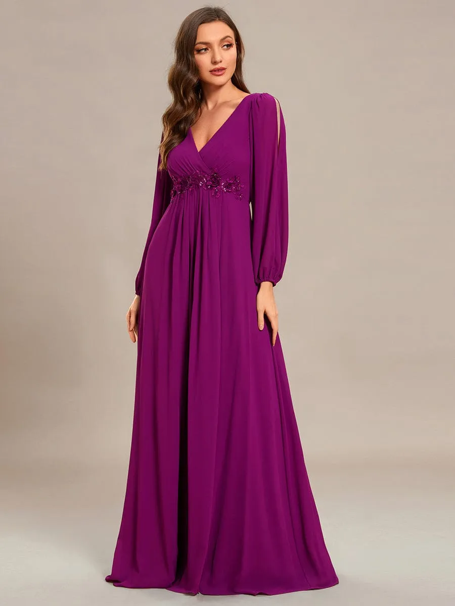 Deep V Neck Long Wedding Guest Dress with Long Sleeves