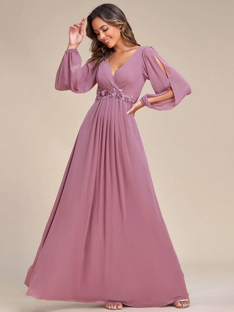 Deep V Neck Long Wedding Guest Dress with Long Sleeves