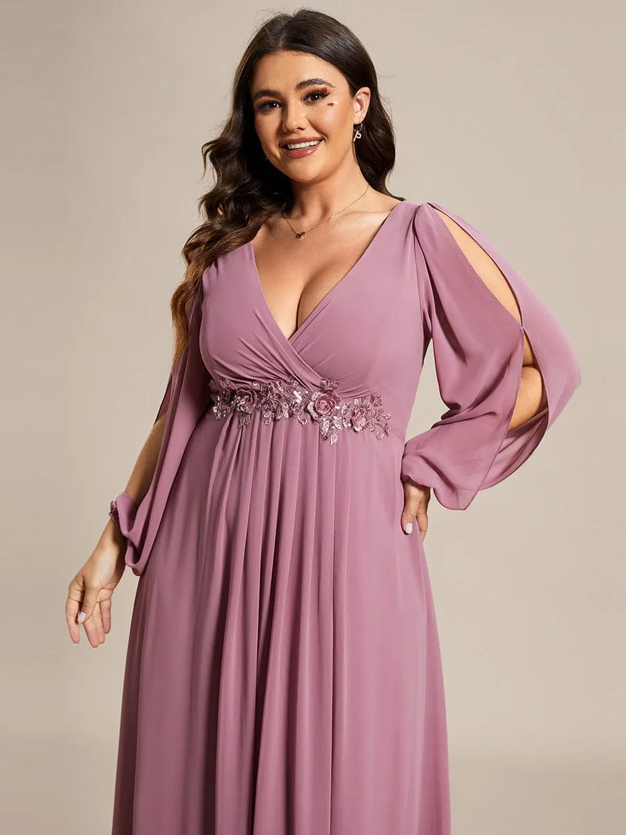 Deep V Neck Long Wedding Guest Dress with Long Sleeves