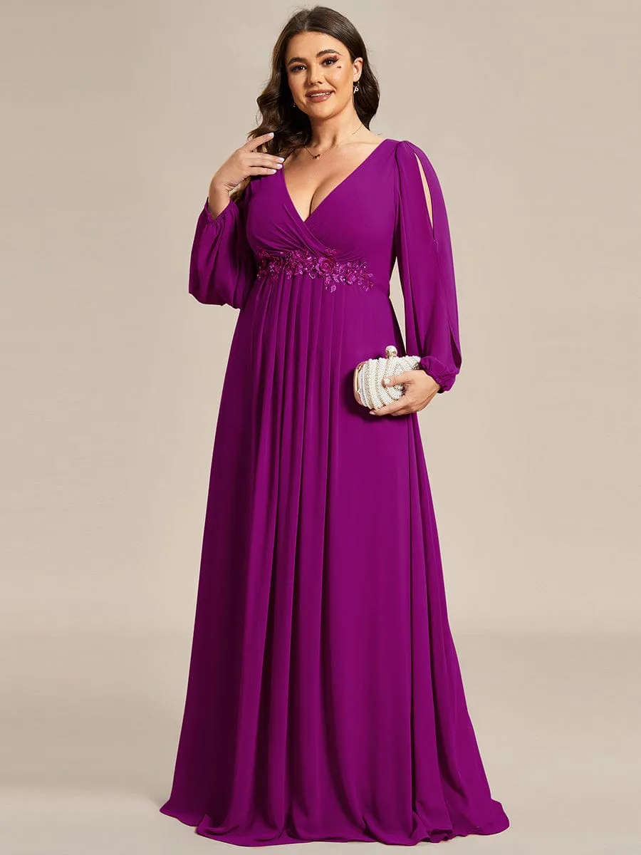 Deep V Neck Long Wedding Guest Dress with Long Sleeves