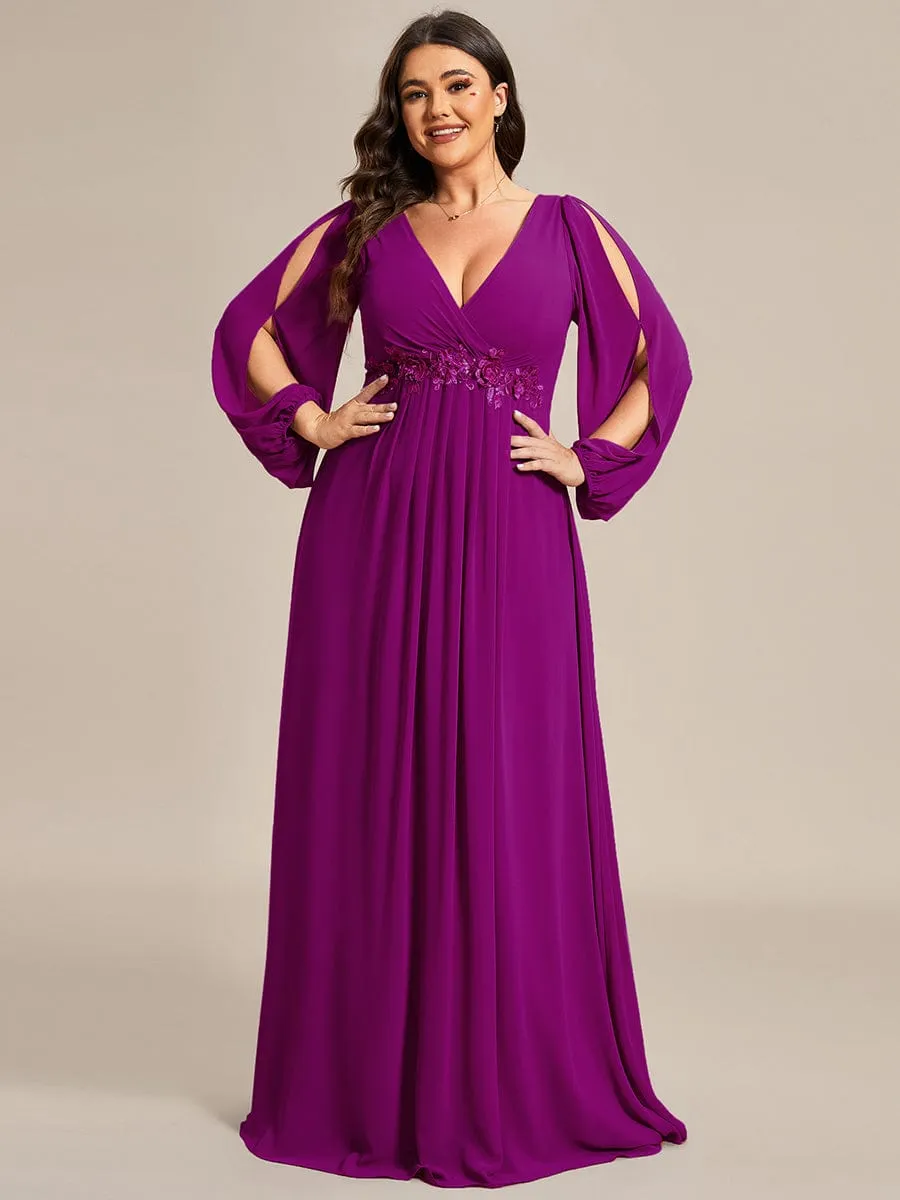 Deep V Neck Long Wedding Guest Dress with Long Sleeves