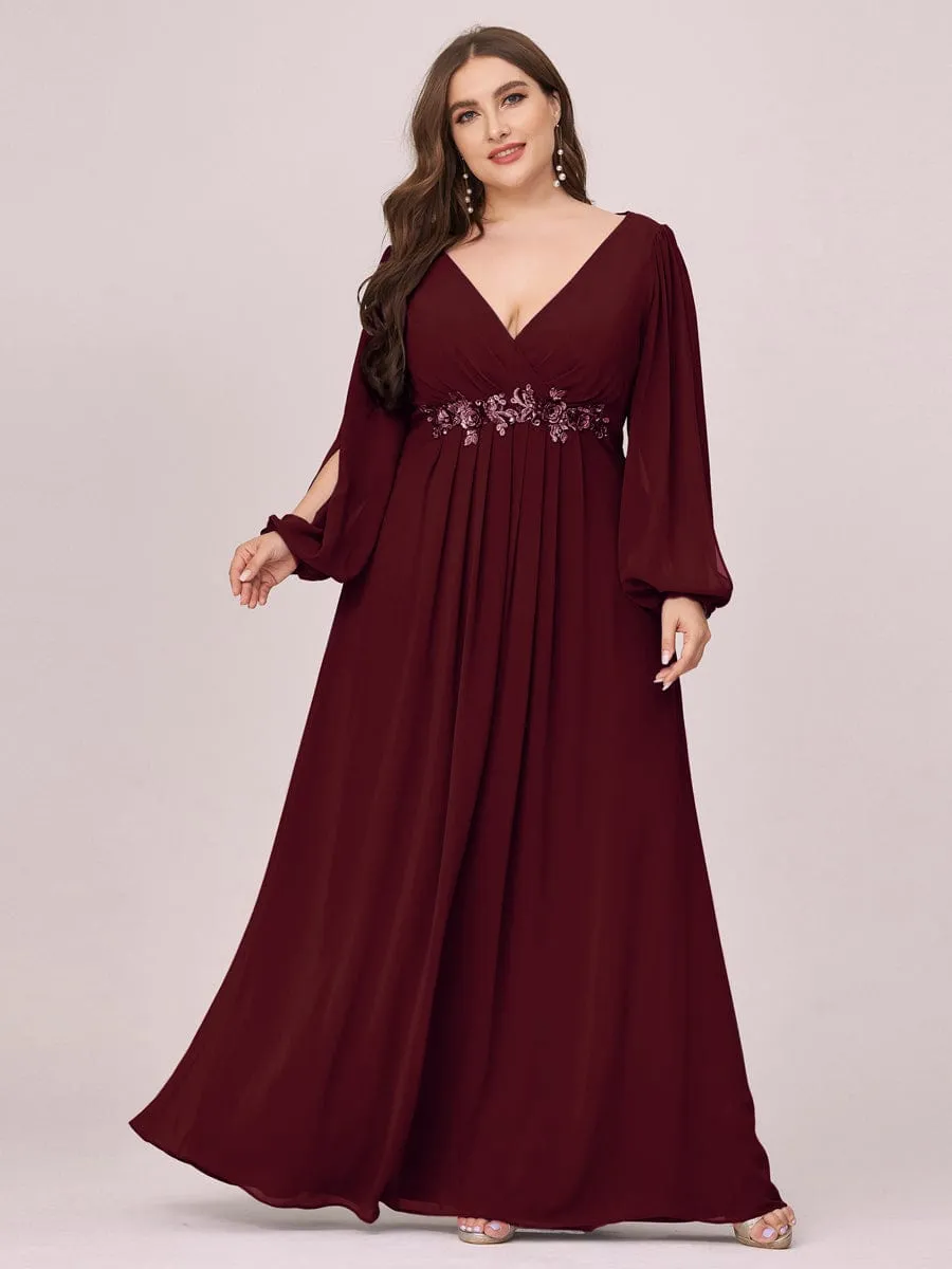 Deep V Neck Long Wedding Guest Dress with Long Sleeves