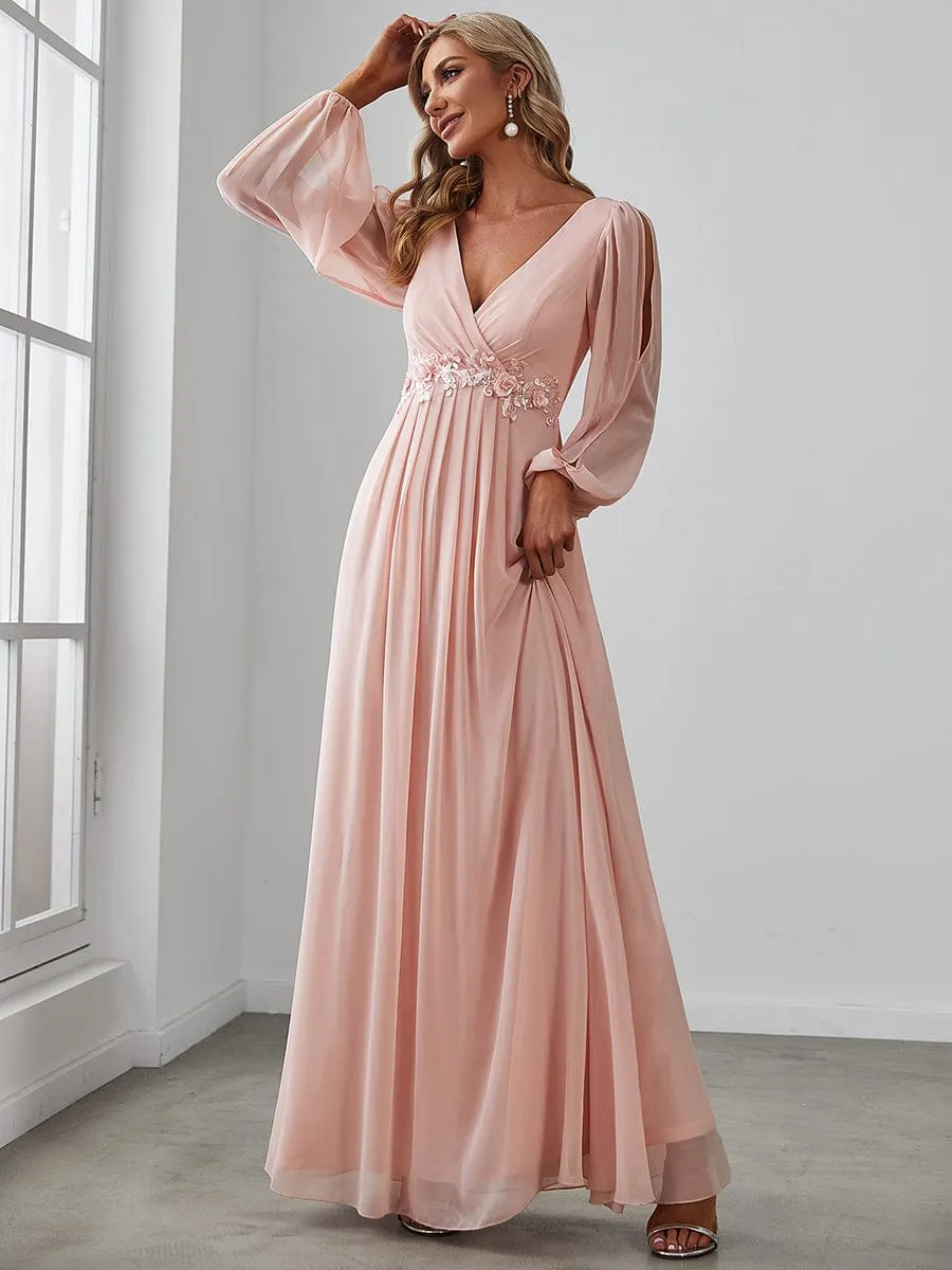 Deep V Neck Long Wedding Guest Dress with Long Sleeves