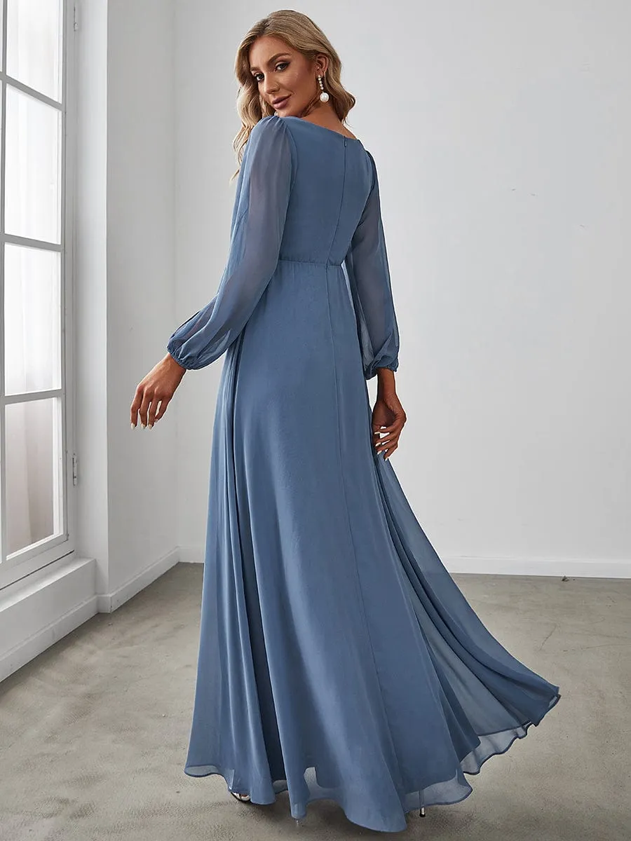 Deep V Neck Long Wedding Guest Dress with Long Sleeves