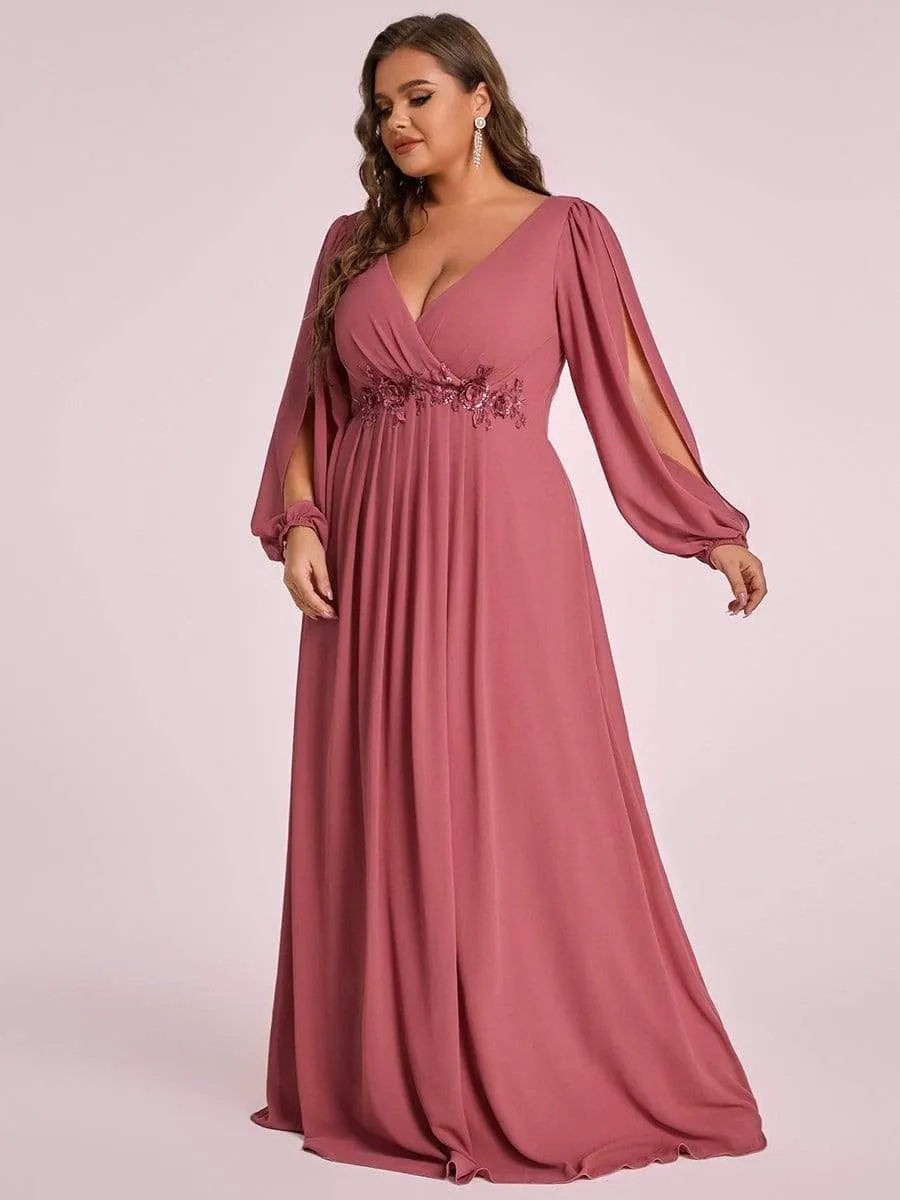 Deep V Neck Long Wedding Guest Dress with Long Sleeves