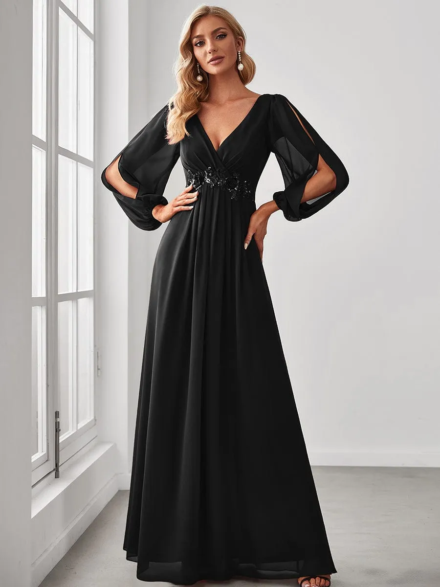 Deep V Neck Long Wedding Guest Dress with Long Sleeves