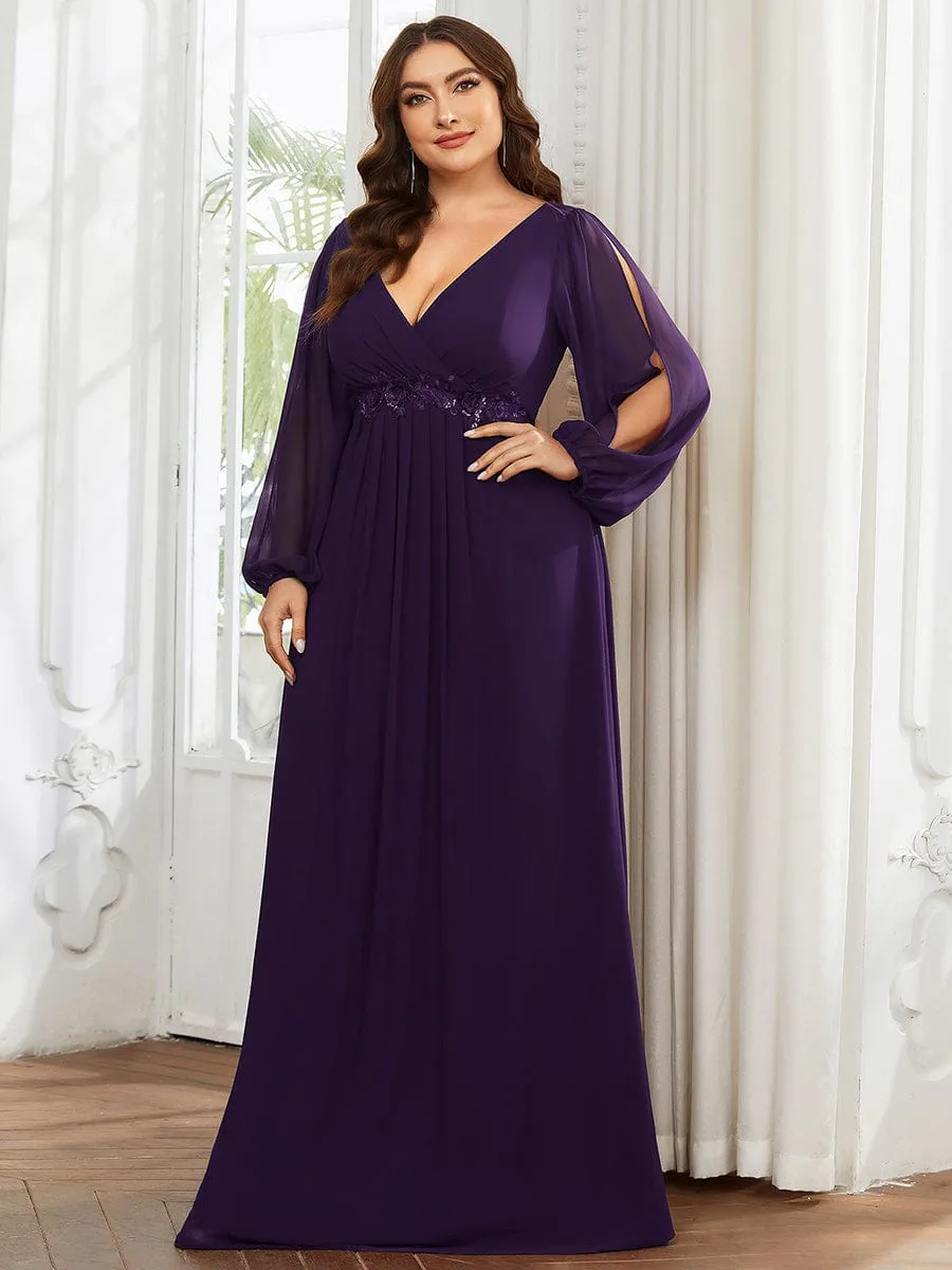 Deep V Neck Long Wedding Guest Dress with Long Sleeves