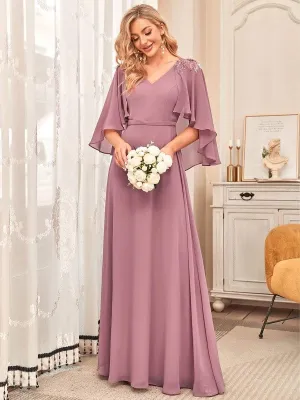 Elegant V Neck Flowy Chiffon Bridesmaid Dresses with Wraps(Final Sale)