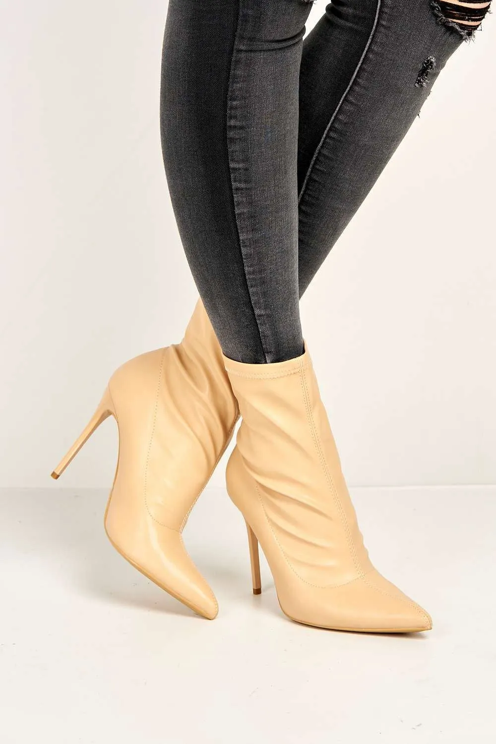 Eless Pointed Toe Stiletto Heeled Ankle Boots in Nude Matt