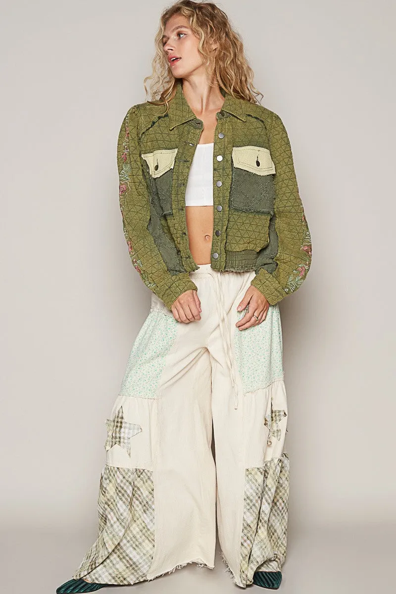 Embroidered Sleeve Raw Edge Quilted Jacket