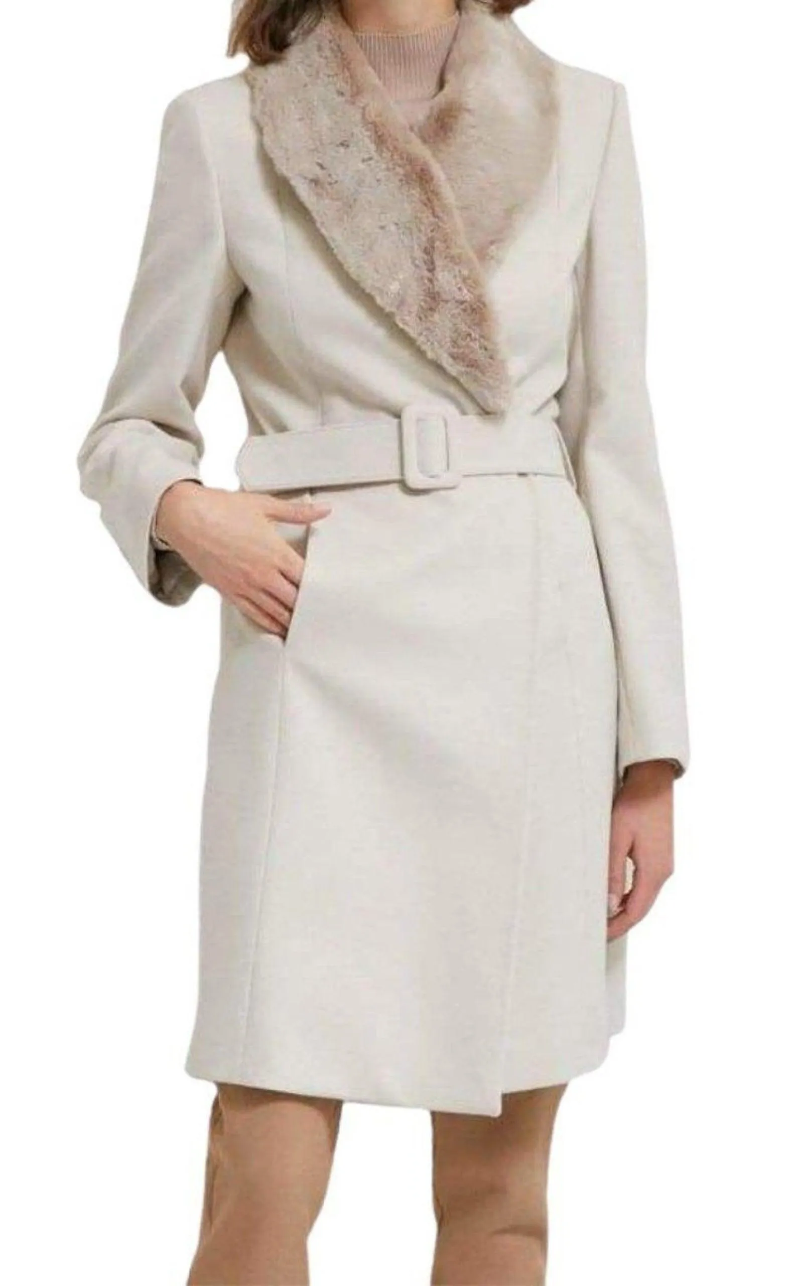 Faux Fur Collar Wrap Trench Coat