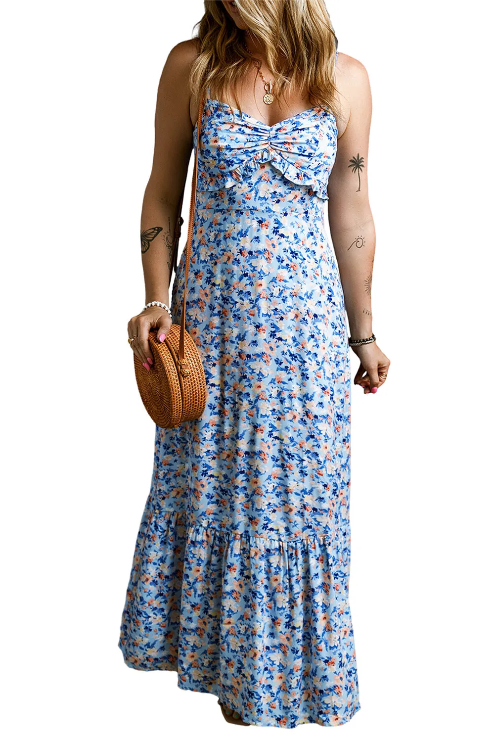 Floral Ruffled Ruched Maxi Dress