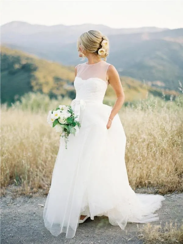 Flowy Modest Illusion Neck Tulle Wedding Dress