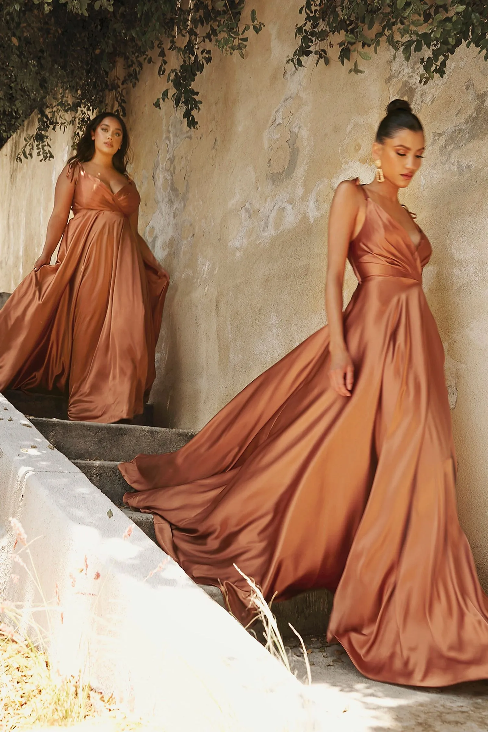 Flowy Satin A-Line Skirt High Leg Slit Fitted on Waist Bodice Tied Straps Long Bridesmaid Dress CDBD105