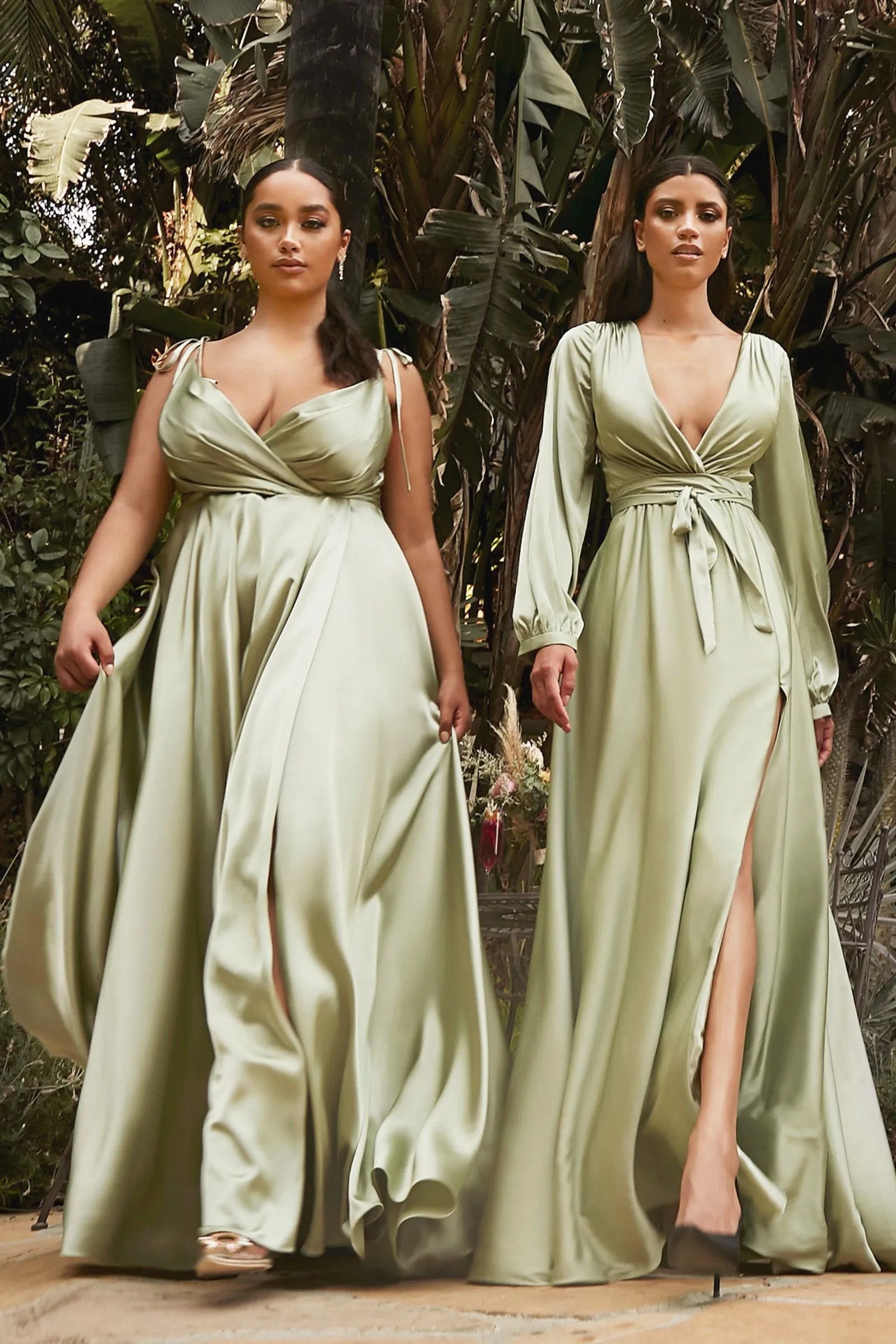 Flowy Satin A-Line Skirt High Leg Slit Fitted on Waist Bodice Tied Straps Long Bridesmaid Dress CDBD105