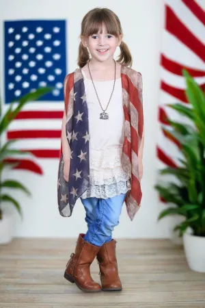 Girls American Flag Patriotic Kimono, Kids 4th of July Vest, Sizes 6/8/10/12, Red/White/Blue