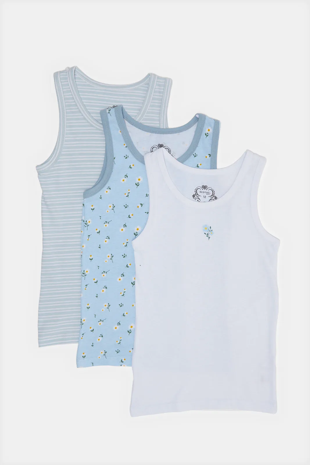 Girls Blue Solid And Print Vest Set (Pack of 3)